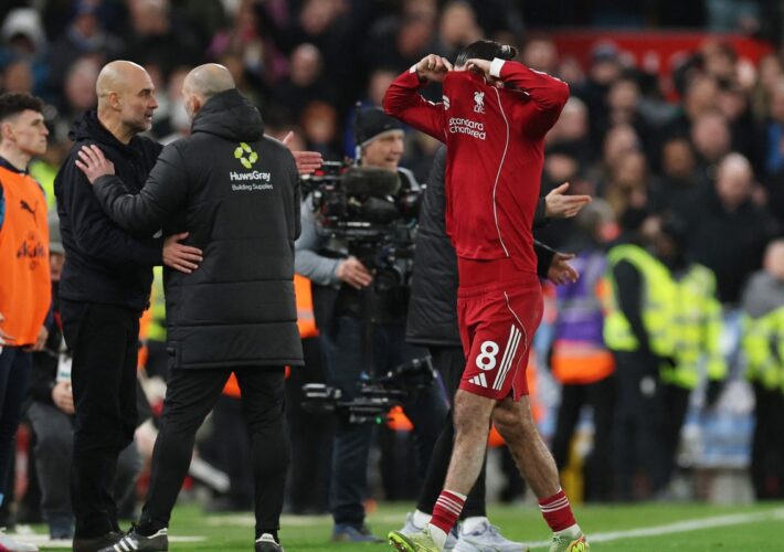 Pep Guardiola and Erling Haaland have same reaction to Dominik Szoboszlai’s bizarre red card after City beat Liverpool