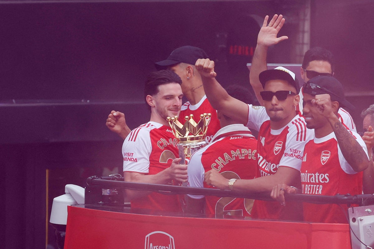 Rapping Declan Rice loses voice during parade and vows Arsenal ‘coming back for more’