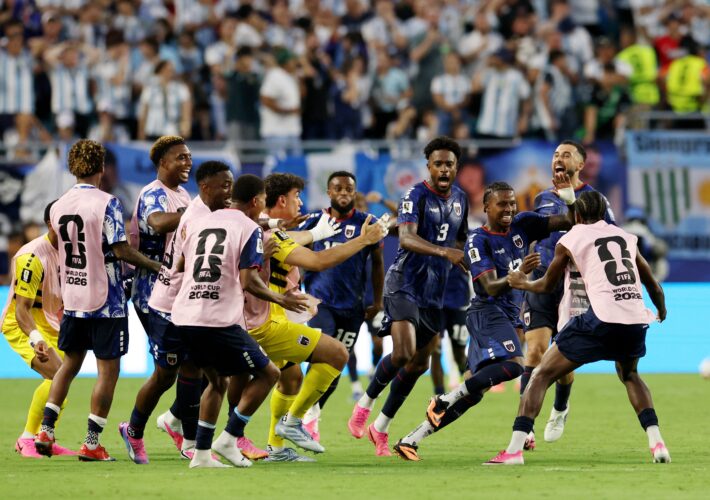 Cape Verde’s Sidny Cabral celebrates in crowd after scoring screamer against Argentina